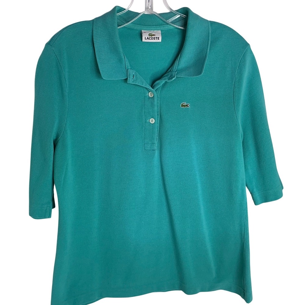 Lacoste Womens Teal Green Cotton Pique Elbow Sleeve Polo‎ Shirt Size 46 F5191